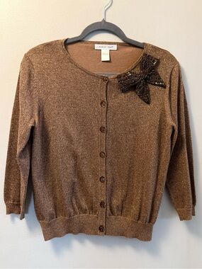 August Silk Metallic Bronze Button-Front Cardigan with Beaded Bow